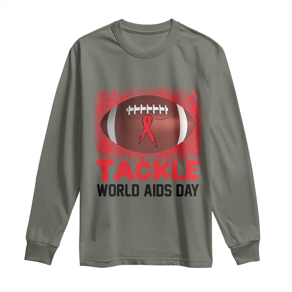Tackle World AIDS Day Long Sleeve Shirt Football HIV Awareness Red Ribbon - Wonder Print Shop