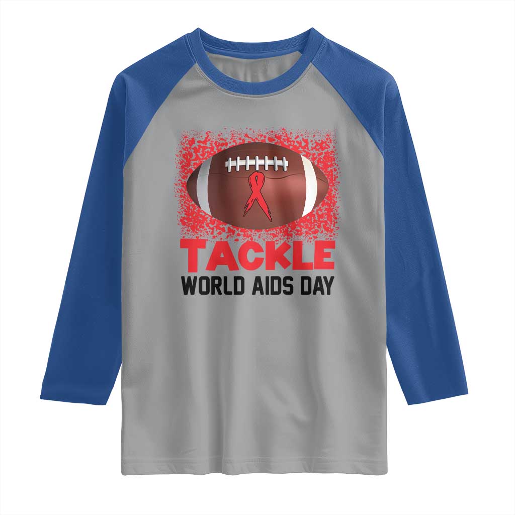 Tackle World AIDS Day Raglan Shirt Football HIV Awareness Red Ribbon - Wonder Print Shop