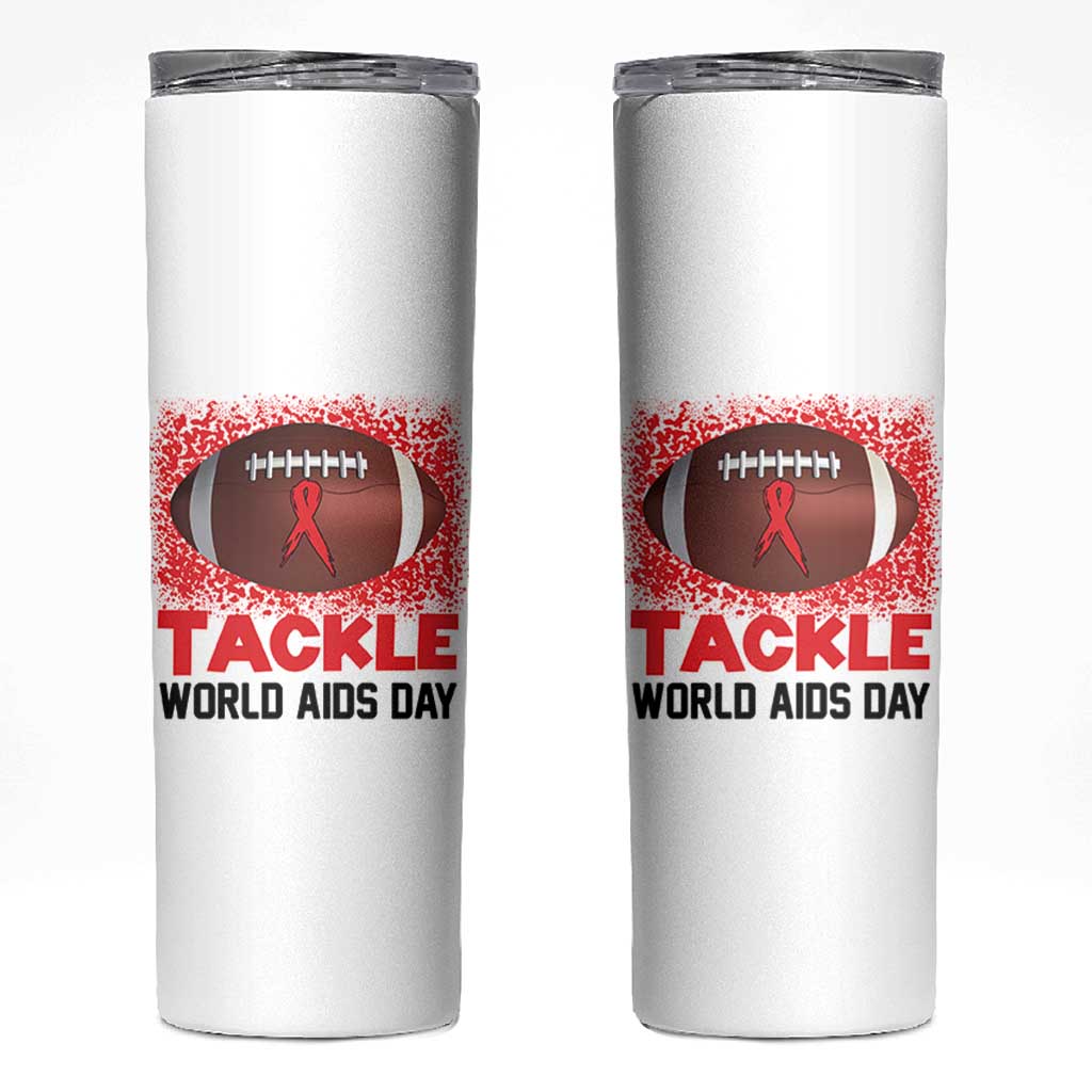 Tackle World AIDS Day Skinny Tumbler Football HIV Awareness Red Ribbon - Wonder Print Shop