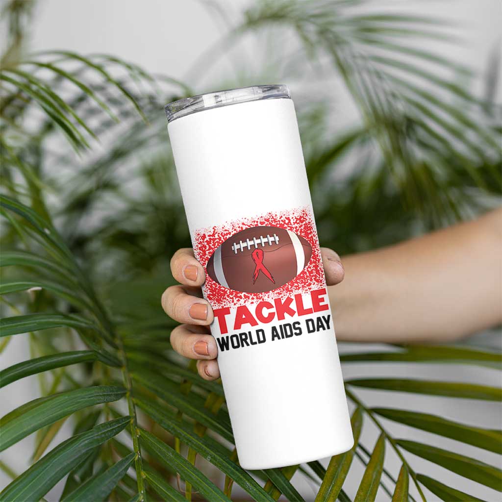 Tackle World AIDS Day Skinny Tumbler Football HIV Awareness Red Ribbon - Wonder Print Shop