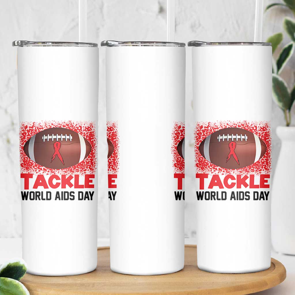 Tackle World AIDS Day Skinny Tumbler Football HIV Awareness Red Ribbon - Wonder Print Shop