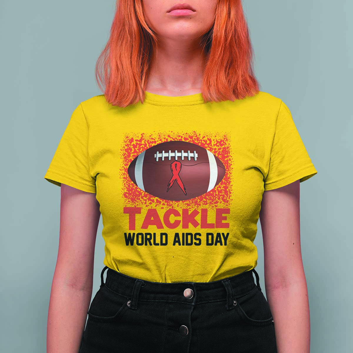 Tackle World AIDS Day T Shirt For Women Football HIV Awareness Red Ribbon - Wonder Print Shop