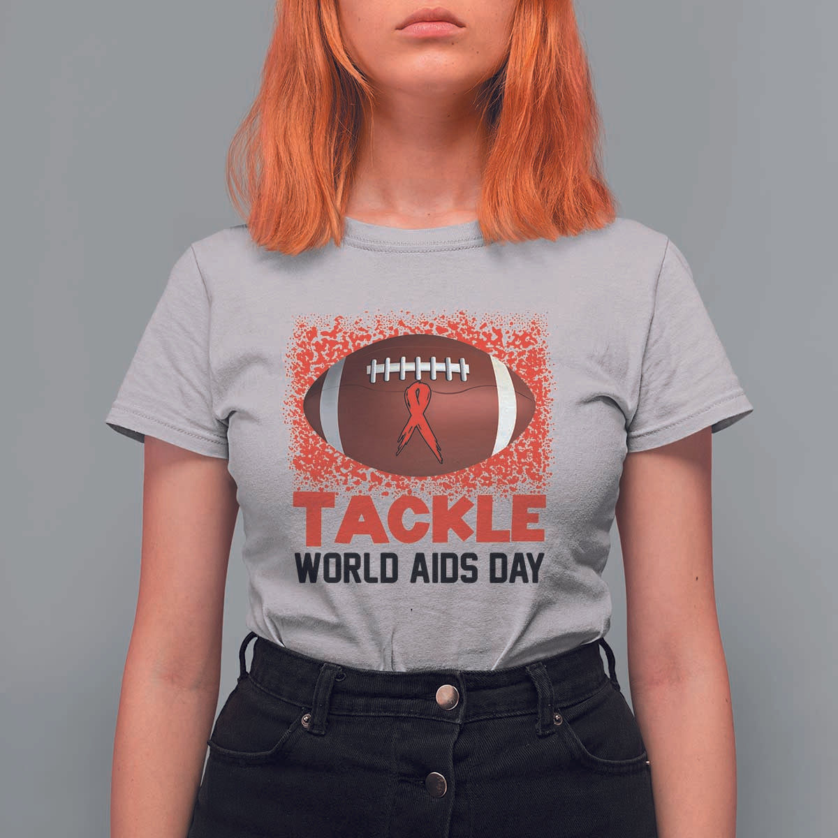 Tackle World AIDS Day T Shirt For Women Football HIV Awareness Red Ribbon - Wonder Print Shop