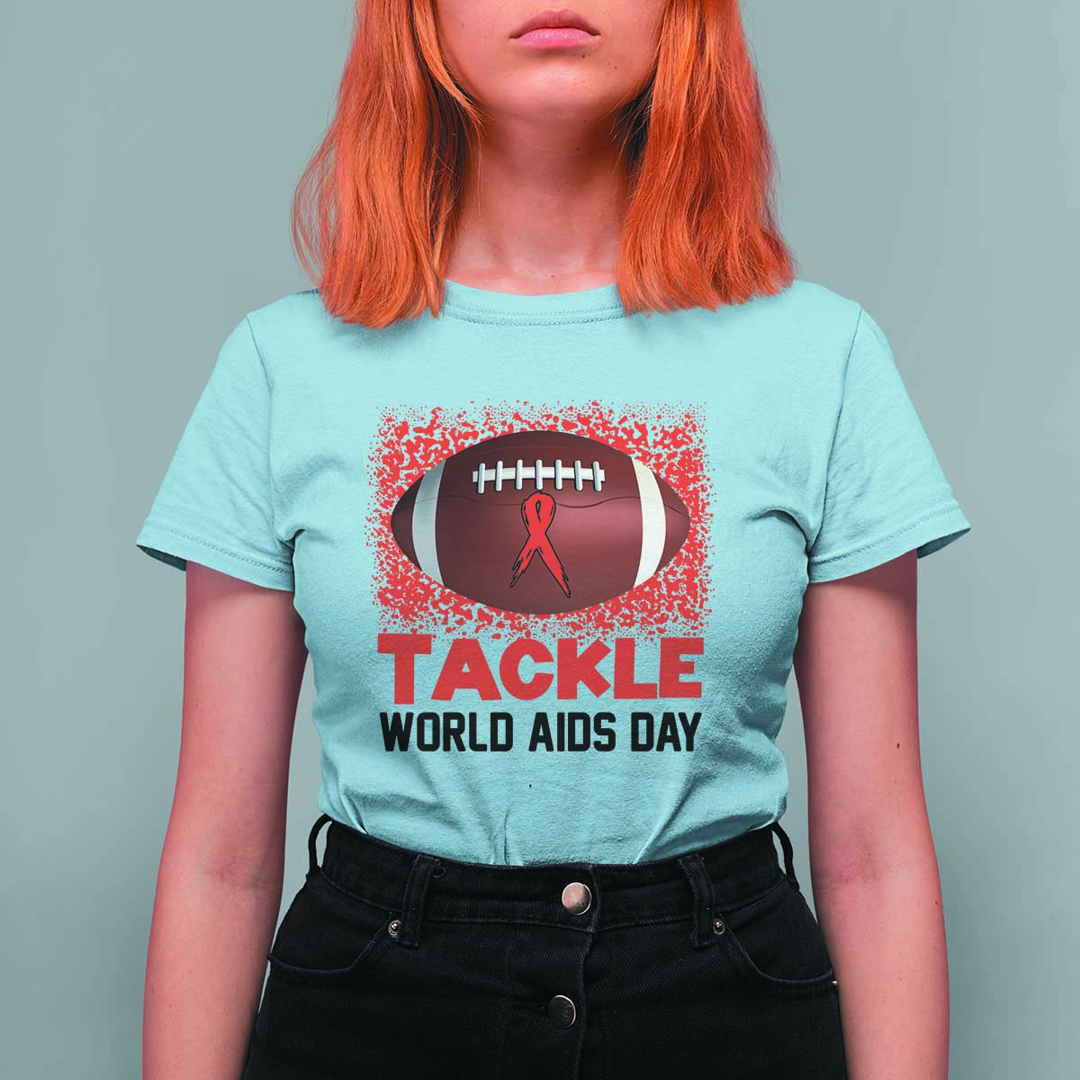 Tackle World AIDS Day T Shirt For Women Football HIV Awareness Red Ribbon - Wonder Print Shop