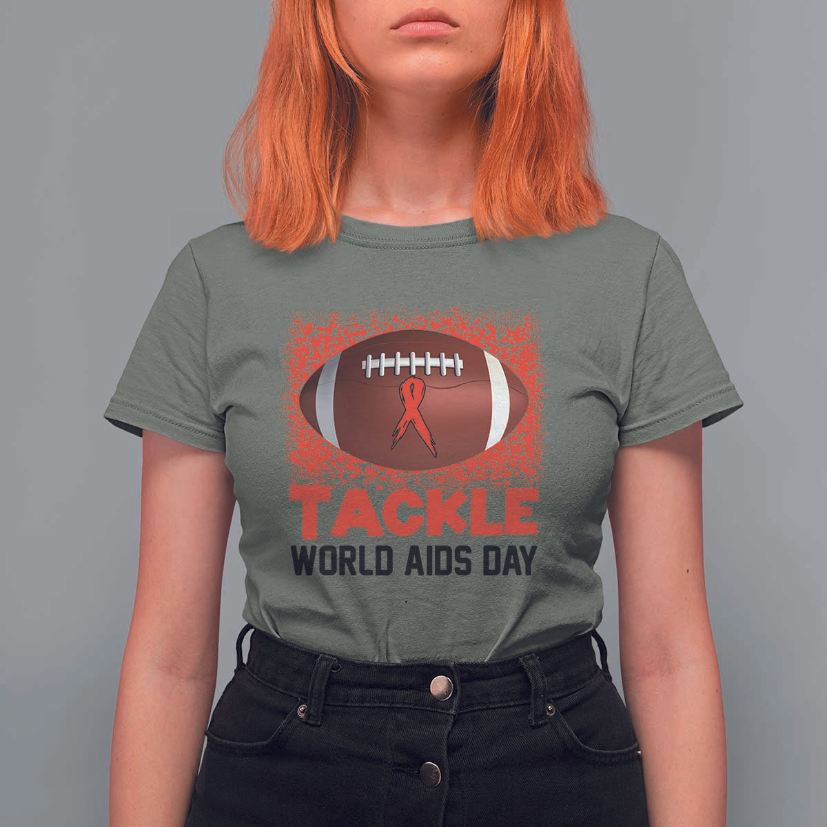 Tackle World AIDS Day T Shirt For Women Football HIV Awareness Red Ribbon - Wonder Print Shop