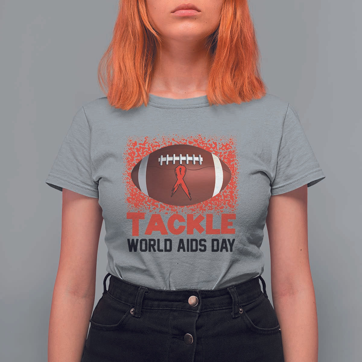 Tackle World AIDS Day T Shirt For Women Football HIV Awareness Red Ribbon - Wonder Print Shop