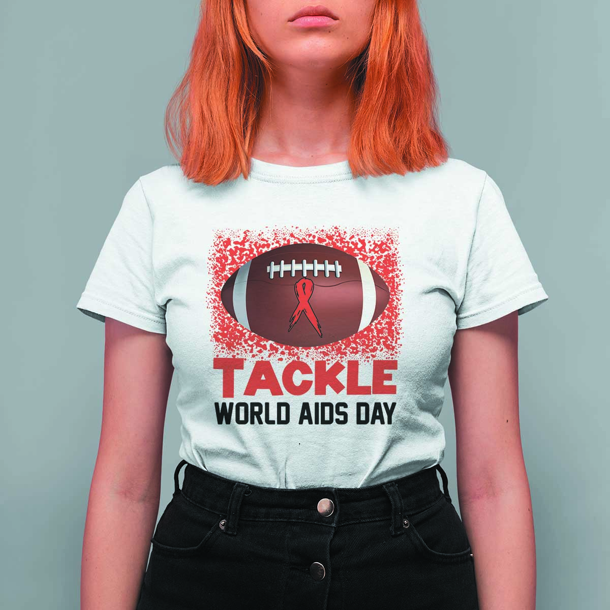 Tackle World AIDS Day T Shirt For Women Football HIV Awareness Red Ribbon - Wonder Print Shop