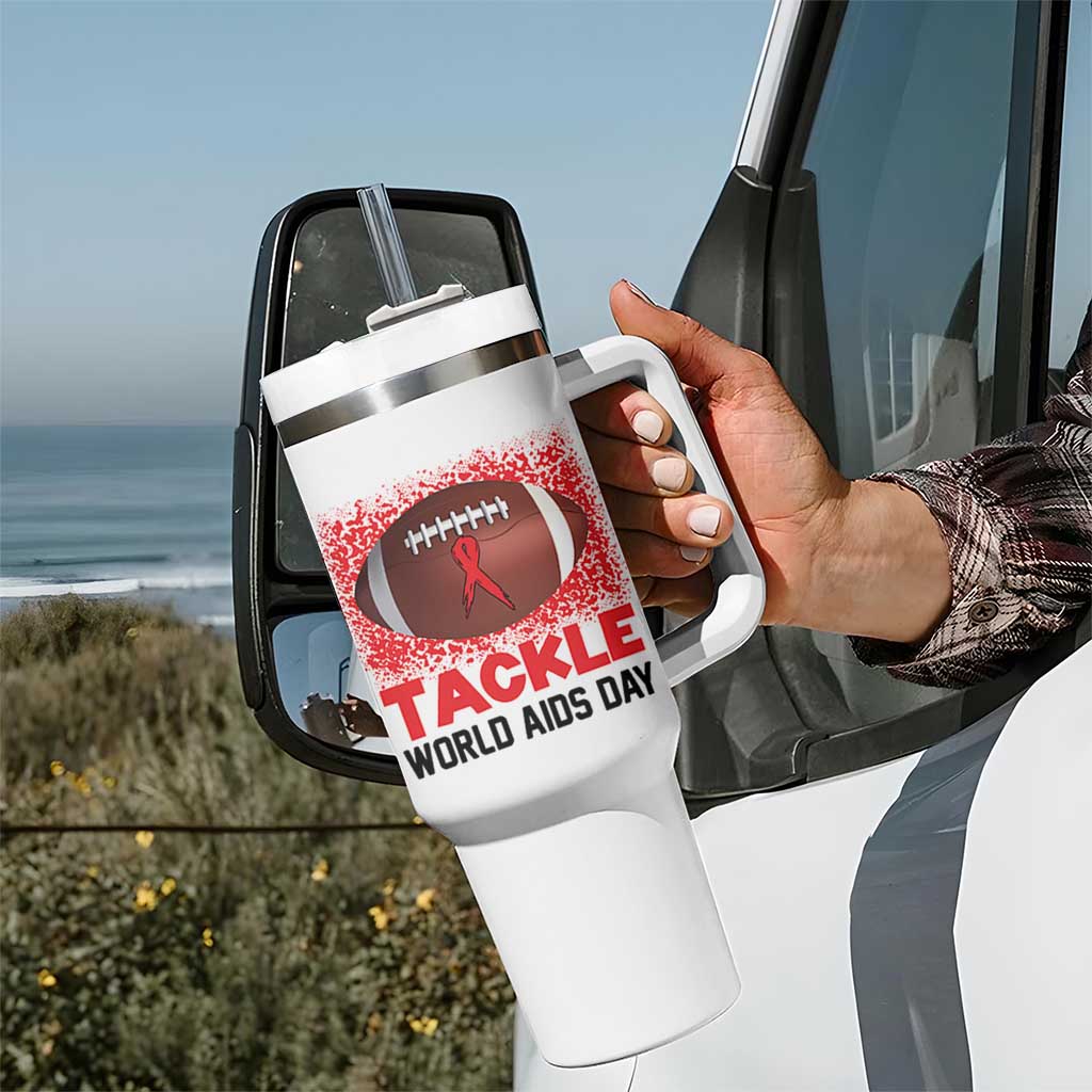 Tackle World AIDS Day Tumbler With Handle Football HIV Awareness Red Ribbon - Wonder Print Shop