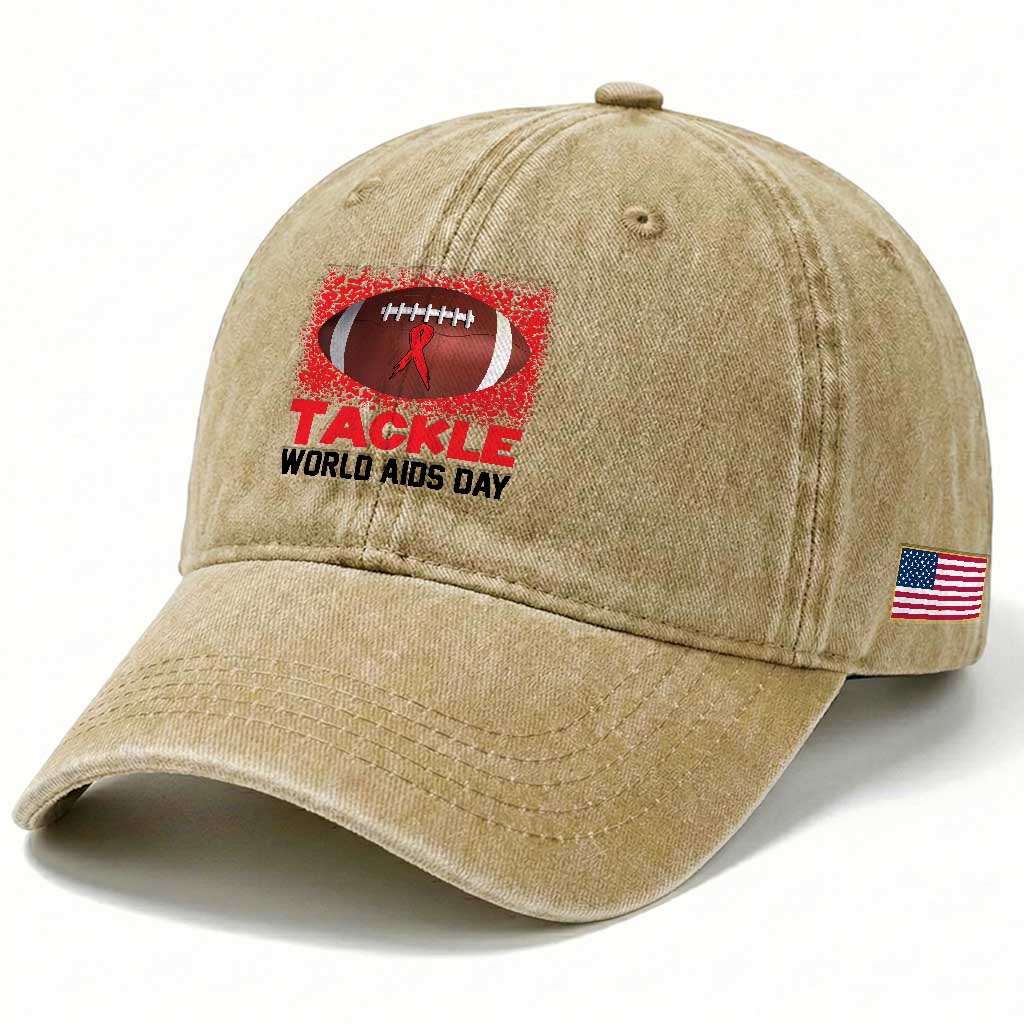 Tackle World AIDS Day Washed Cotton Baseball Cap Football HIV Awareness Red Ribbon