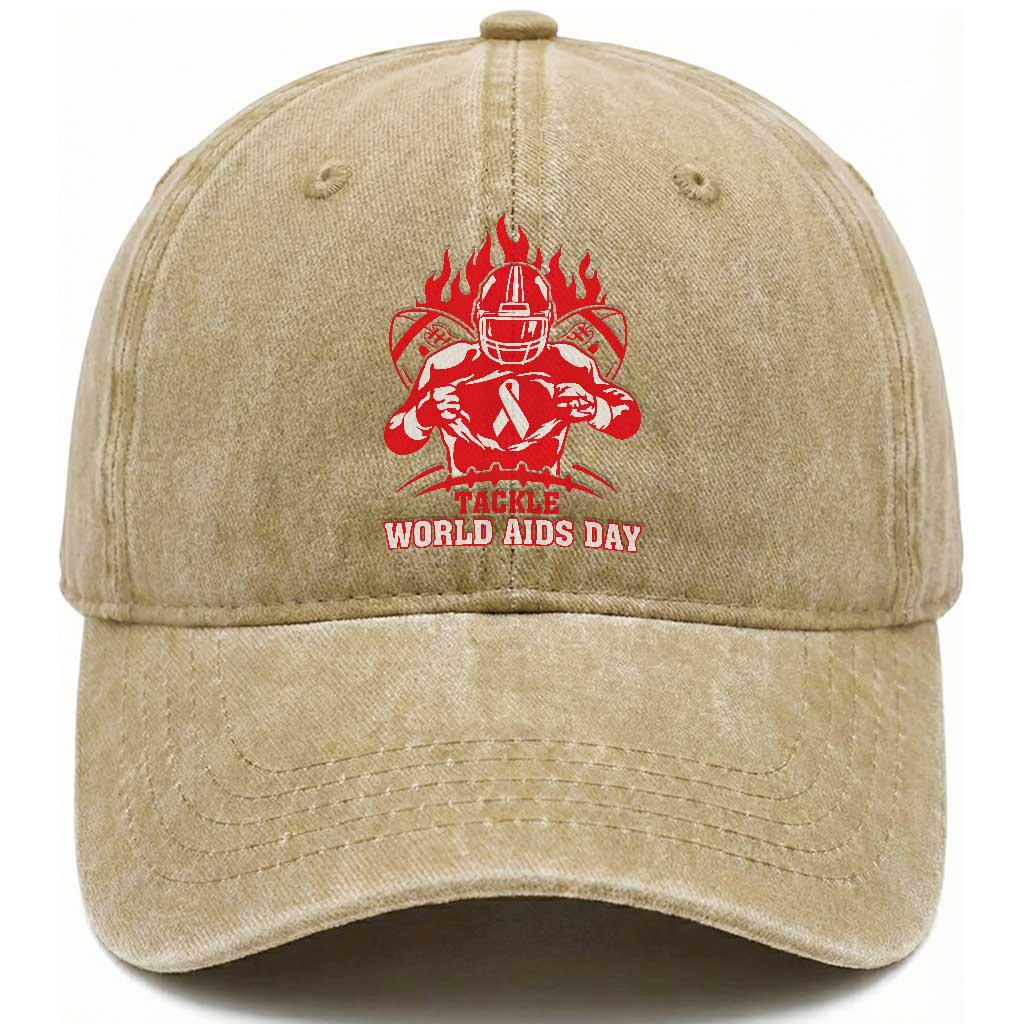 AIDS Awareness Washed Cotton Baseball Cap Ribbon HIV Tackle Football Gift