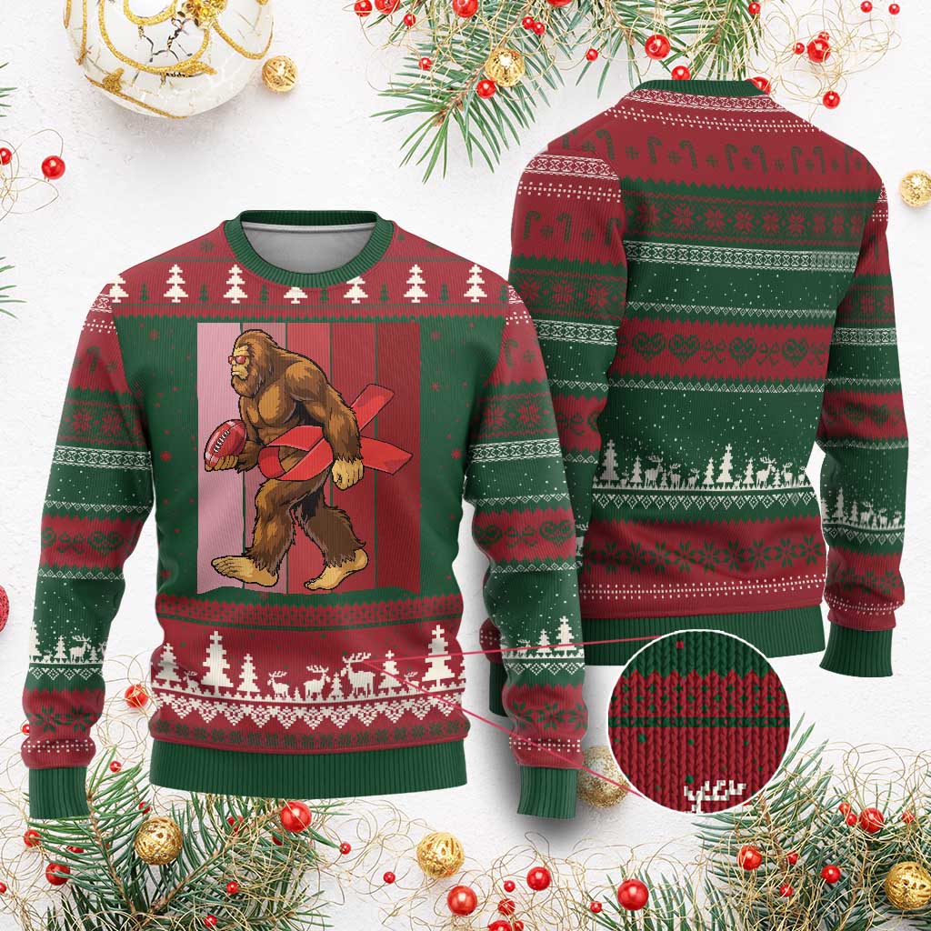 Funny Bigfoot Football HIV Awareness Ugly Christmas Sweater Red Ribbon Retro Vintage Style Gift - Wonder Print Shop