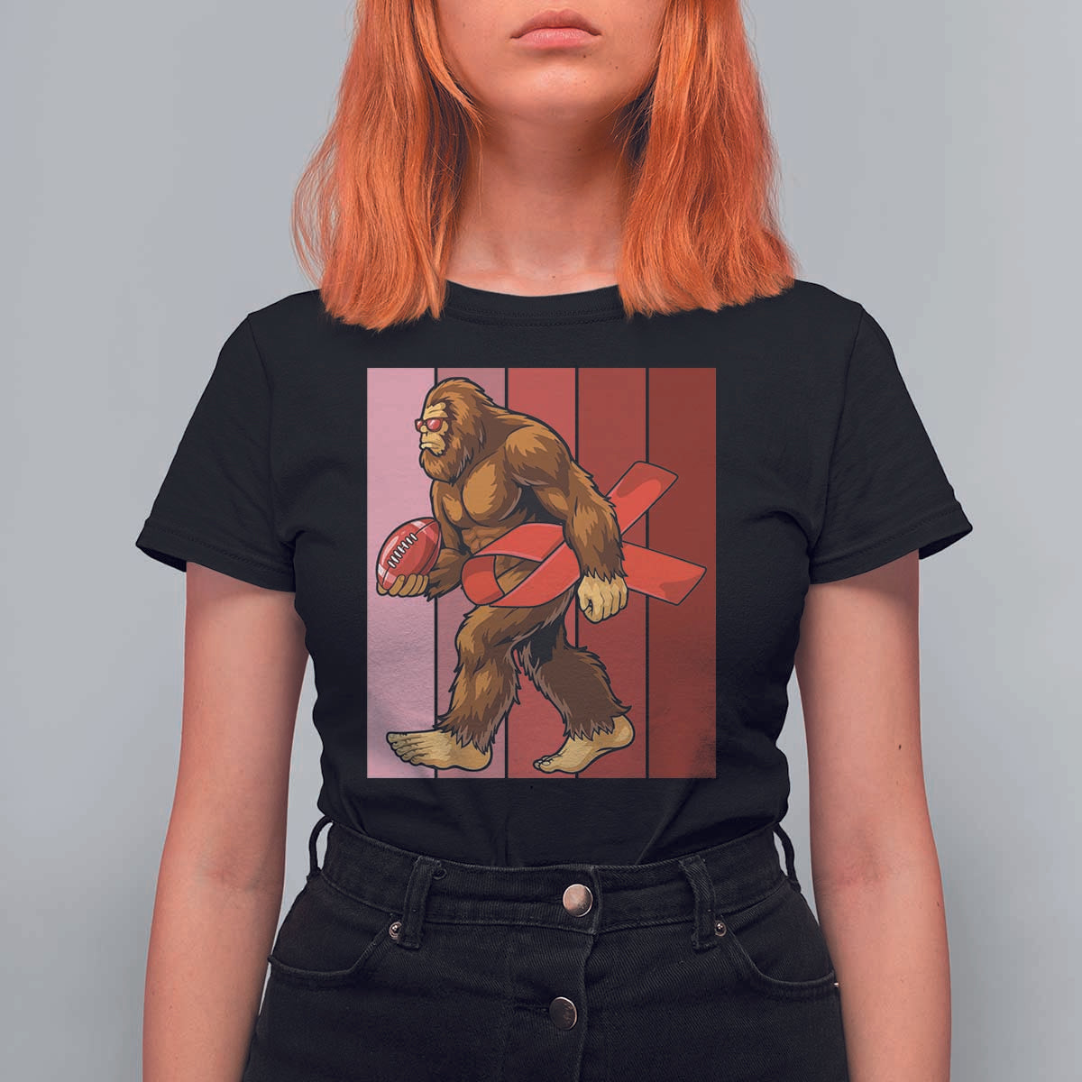 Funny Bigfoot Football HIV Awareness T Shirt For Women Red Ribbon Retro Vintage Style Gift - Wonder Print Shop