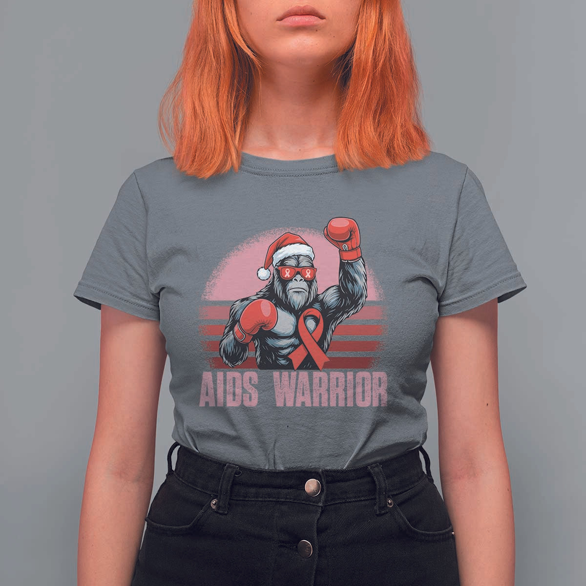 Christmas Santa Bigfoot HIV Awareness T Shirt For Women Retro Vintage Style Gift - Wonder Print Shop