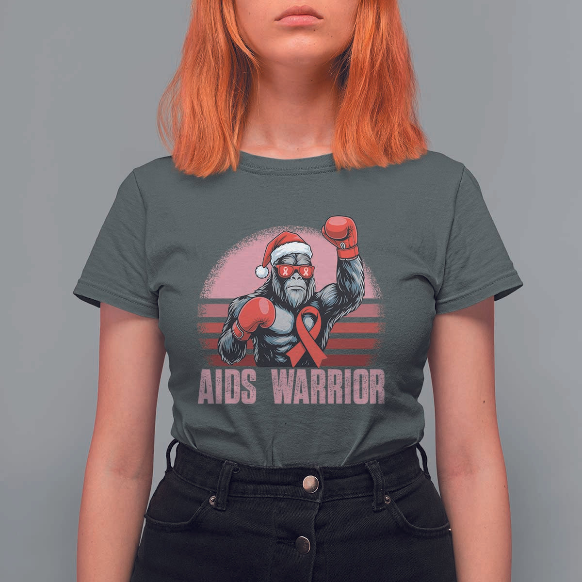 Christmas Santa Bigfoot HIV Awareness T Shirt For Women Retro Vintage Style Gift - Wonder Print Shop