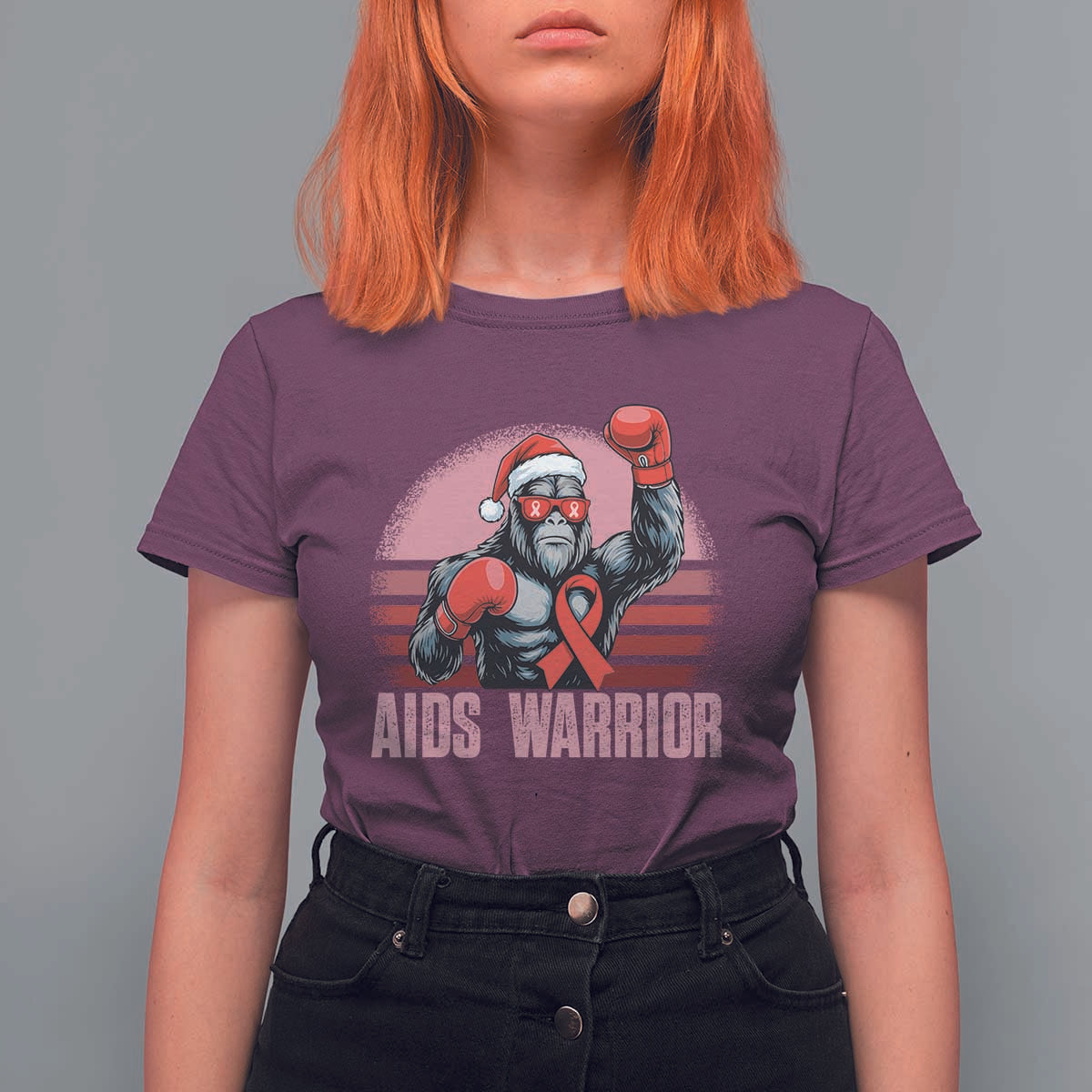 Christmas Santa Bigfoot HIV Awareness T Shirt For Women Retro Vintage Style Gift - Wonder Print Shop