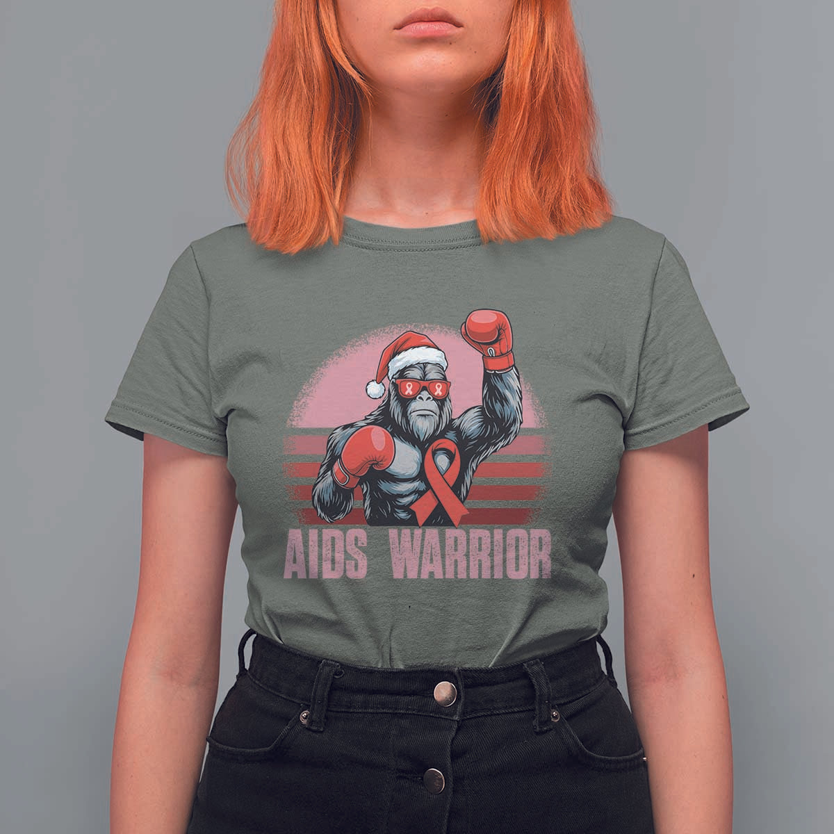 Christmas Santa Bigfoot HIV Awareness T Shirt For Women Retro Vintage Style Gift - Wonder Print Shop