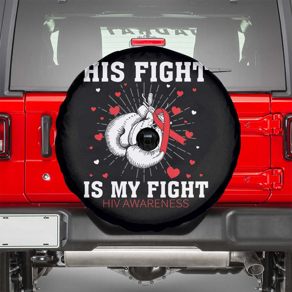 His Fight Is My Fight HIV Warrior Spare Tire Cover Red Ribbon Boxing Gift - Wonder Print Shop