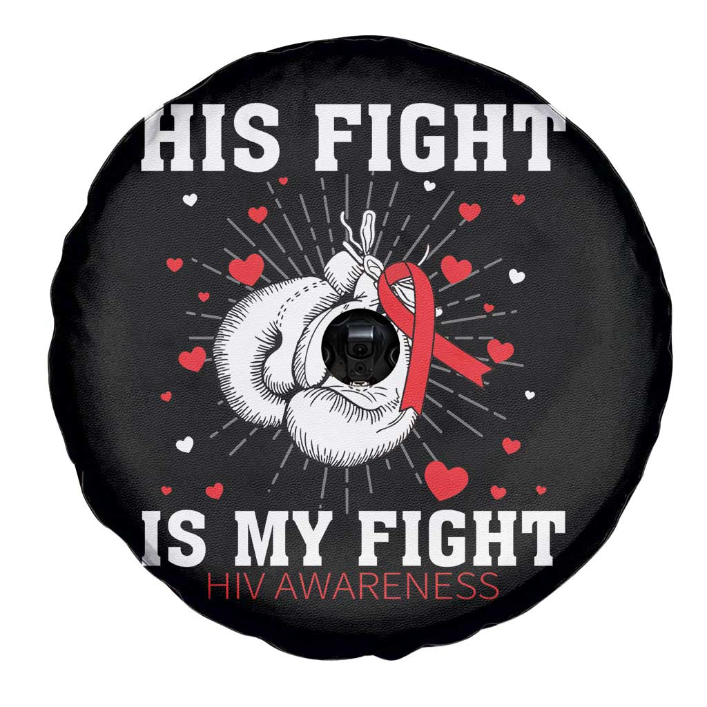 His Fight Is My Fight HIV Warrior Spare Tire Cover Red Ribbon Boxing Gift - Wonder Print Shop