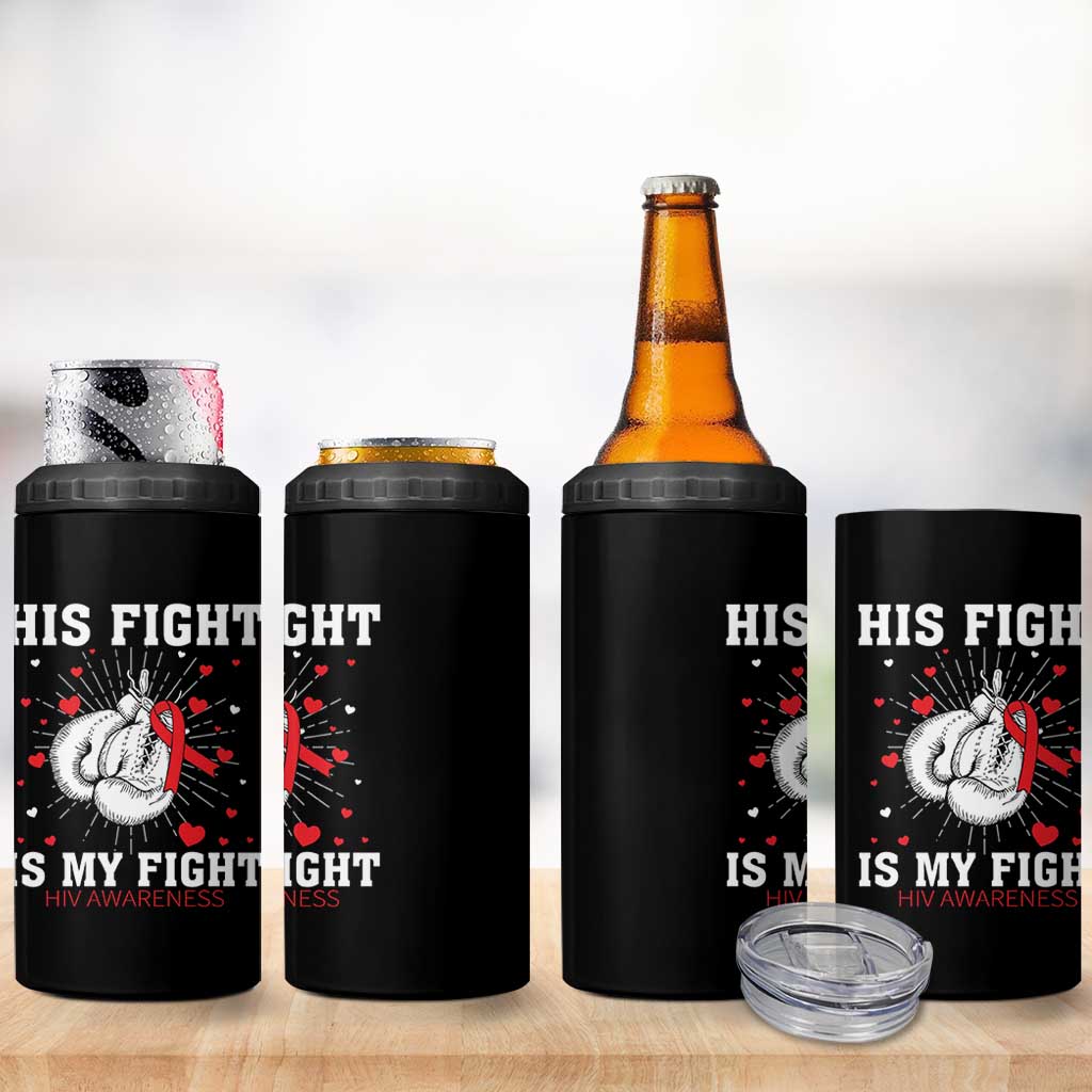 His Fight Is My Fight HIV Warrior 4 in 1 Can Cooler Tumbler Red Ribbon Boxing Gift - Wonder Print Shop