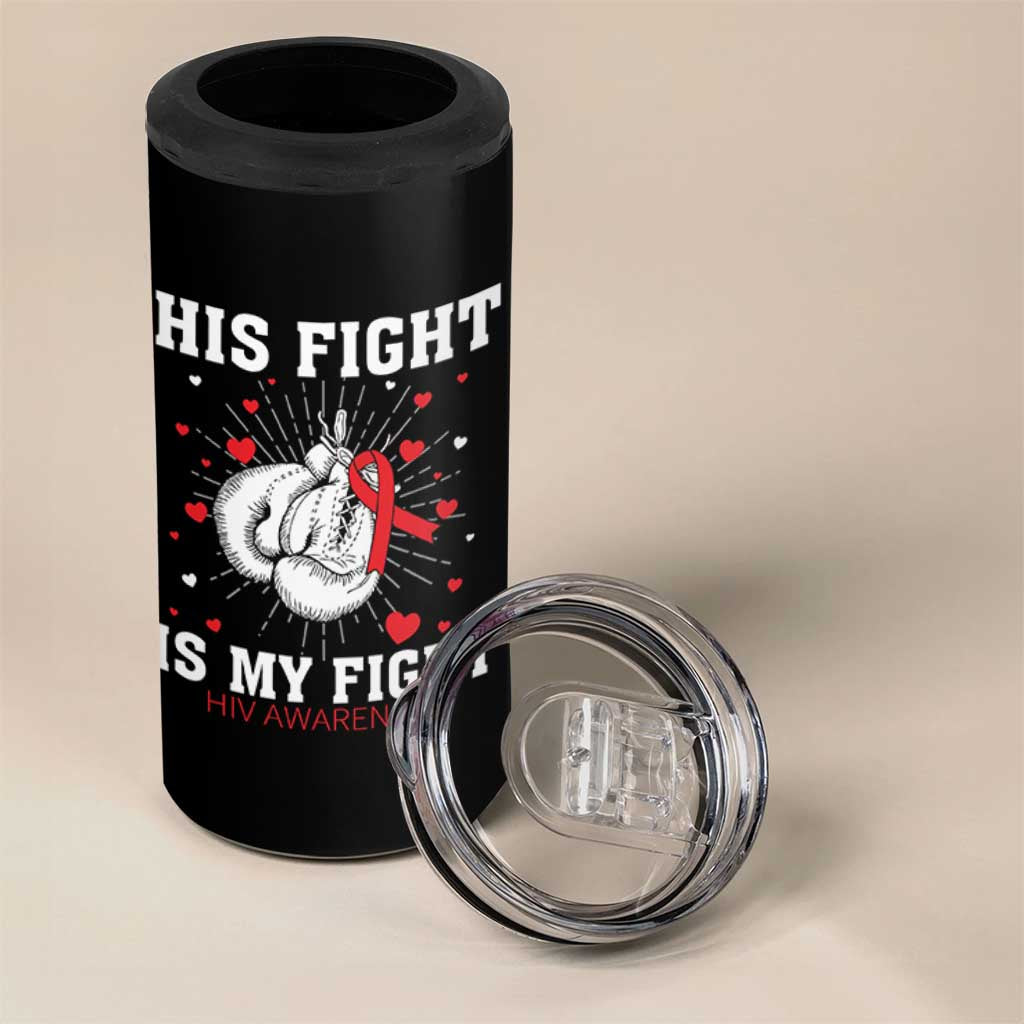 His Fight Is My Fight HIV Warrior 4 in 1 Can Cooler Tumbler Red Ribbon Boxing Gift - Wonder Print Shop