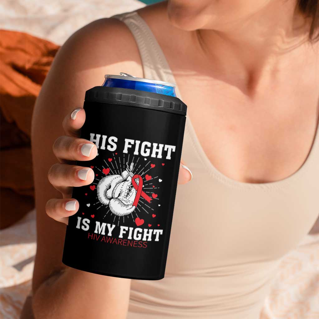 His Fight Is My Fight HIV Warrior 4 in 1 Can Cooler Tumbler Red Ribbon Boxing Gift - Wonder Print Shop