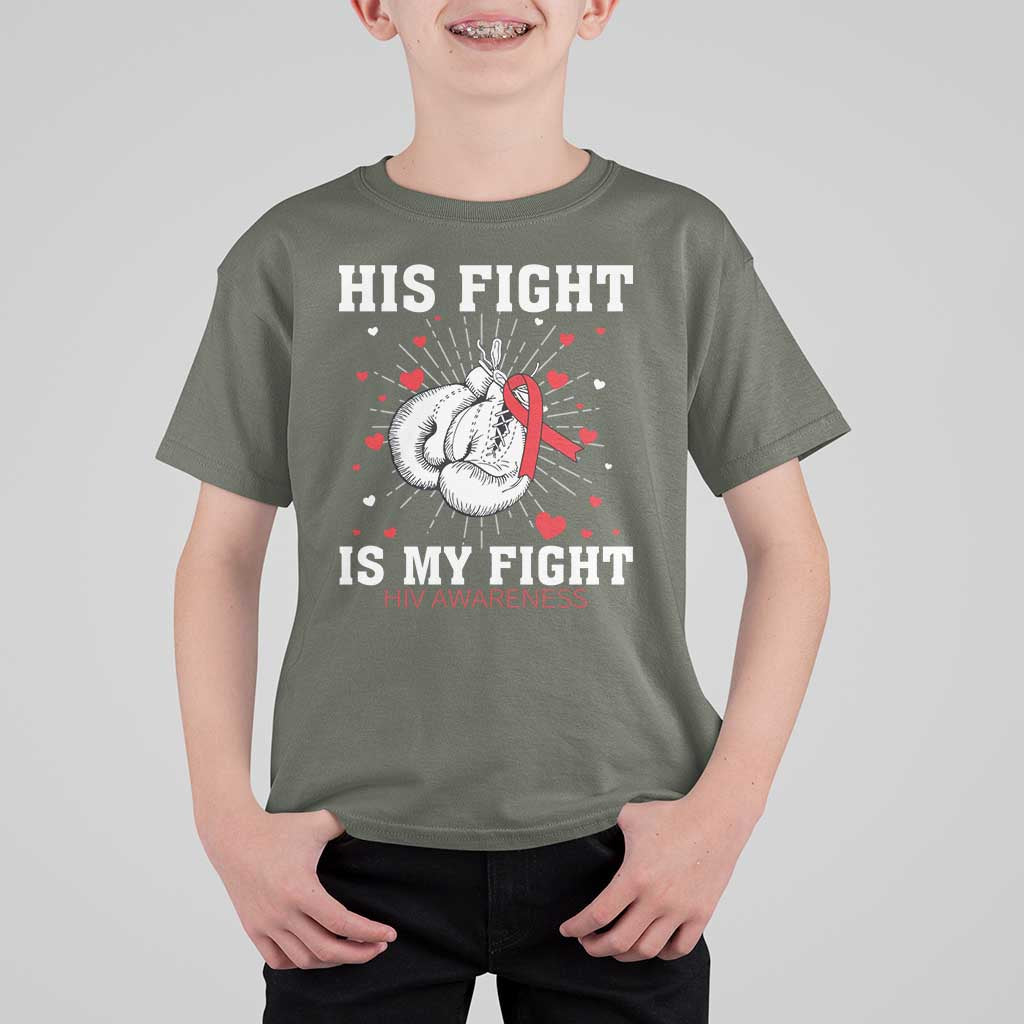 His Fight Is My Fight HIV Warrior T Shirt For Kid Red Ribbon Boxing Gift - Wonder Print Shop