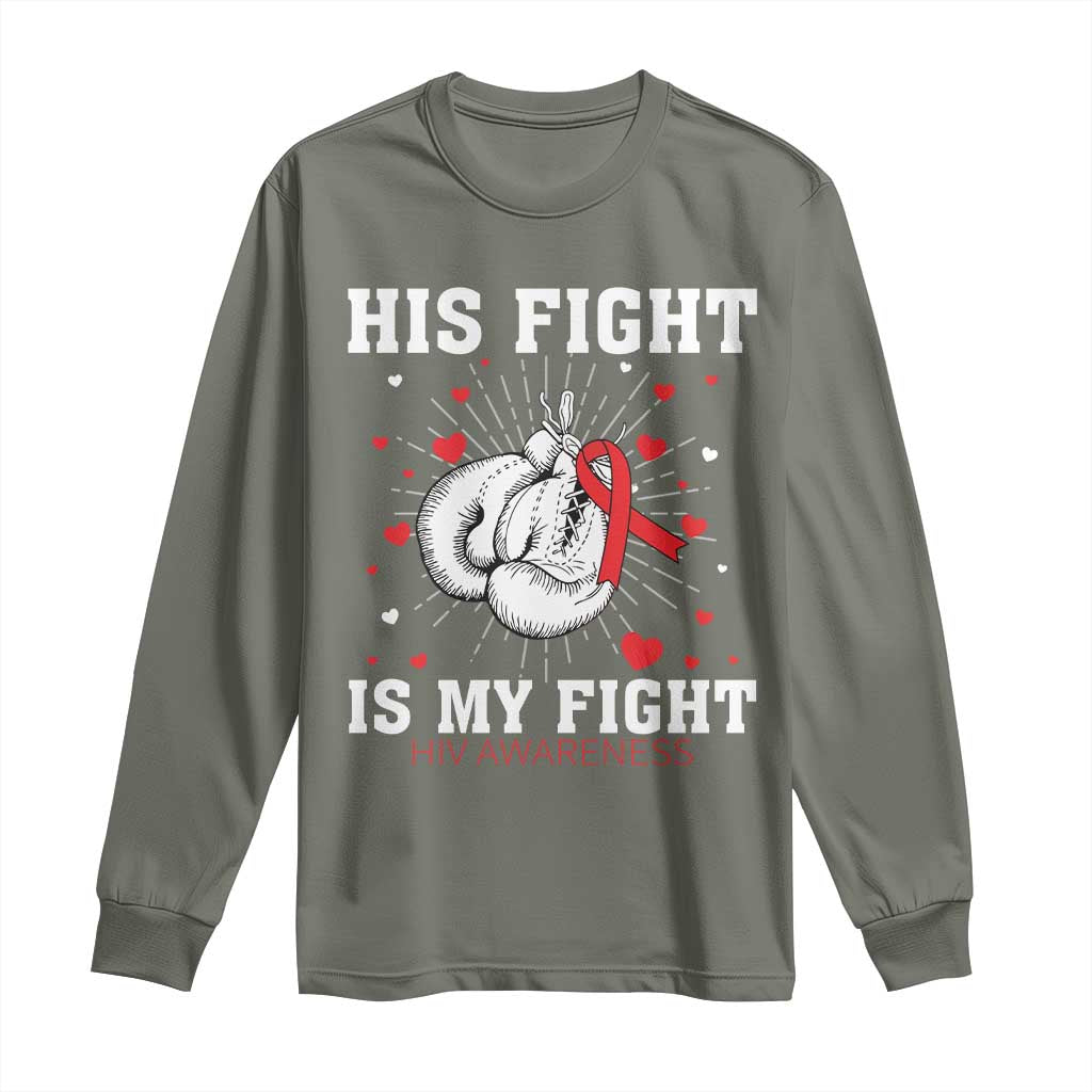 His Fight Is My Fight HIV Warrior Long Sleeve Shirt Red Ribbon Boxing Gift - Wonder Print Shop