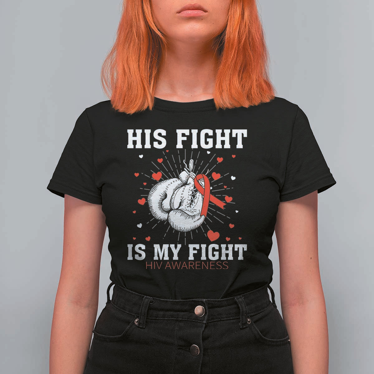 His Fight Is My Fight HIV Warrior T Shirt For Women Red Ribbon Boxing Gift - Wonder Print Shop