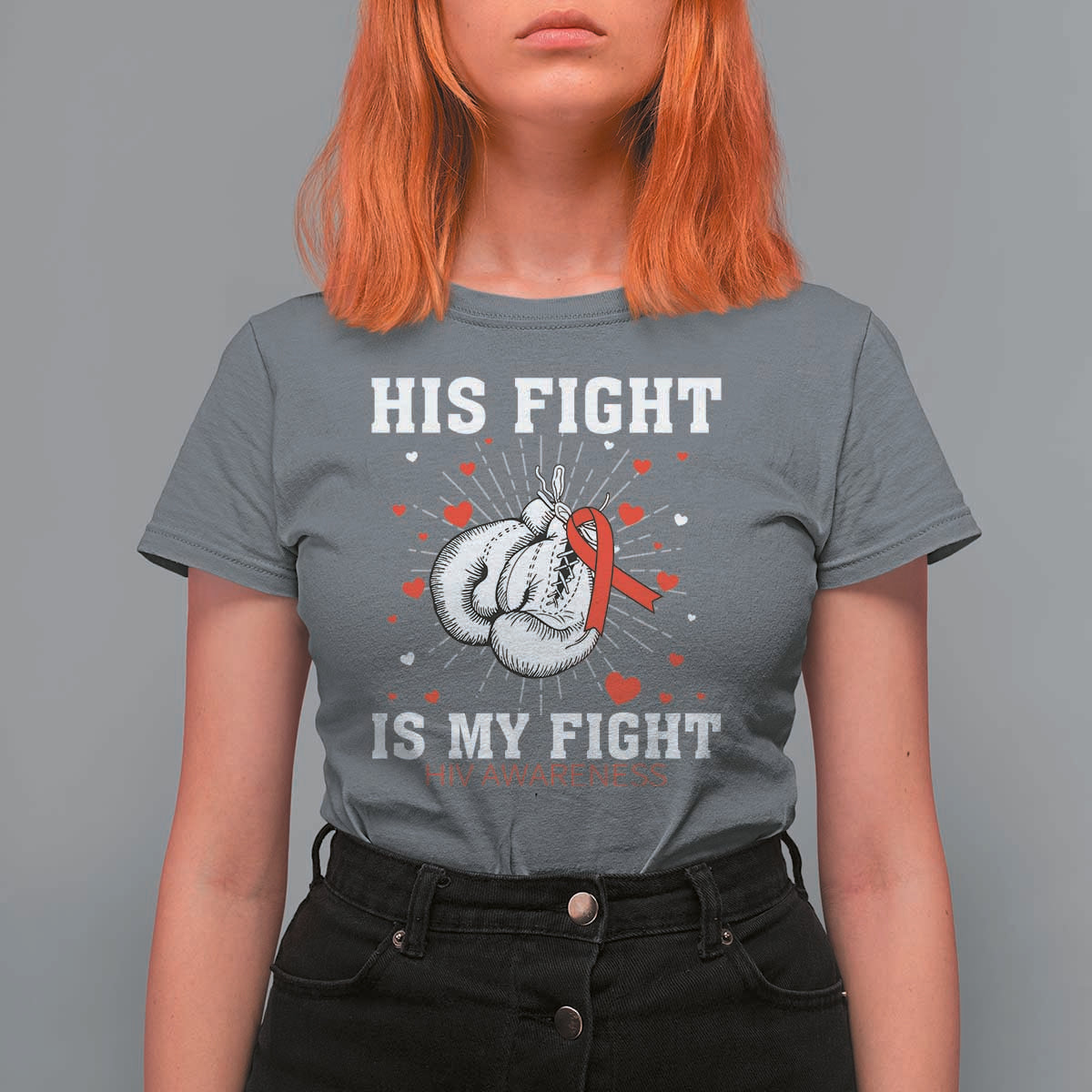 His Fight Is My Fight HIV Warrior T Shirt For Women Red Ribbon Boxing Gift - Wonder Print Shop