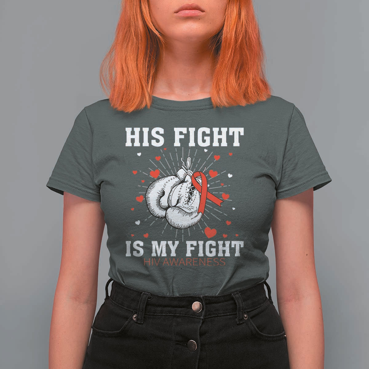 His Fight Is My Fight HIV Warrior T Shirt For Women Red Ribbon Boxing Gift - Wonder Print Shop