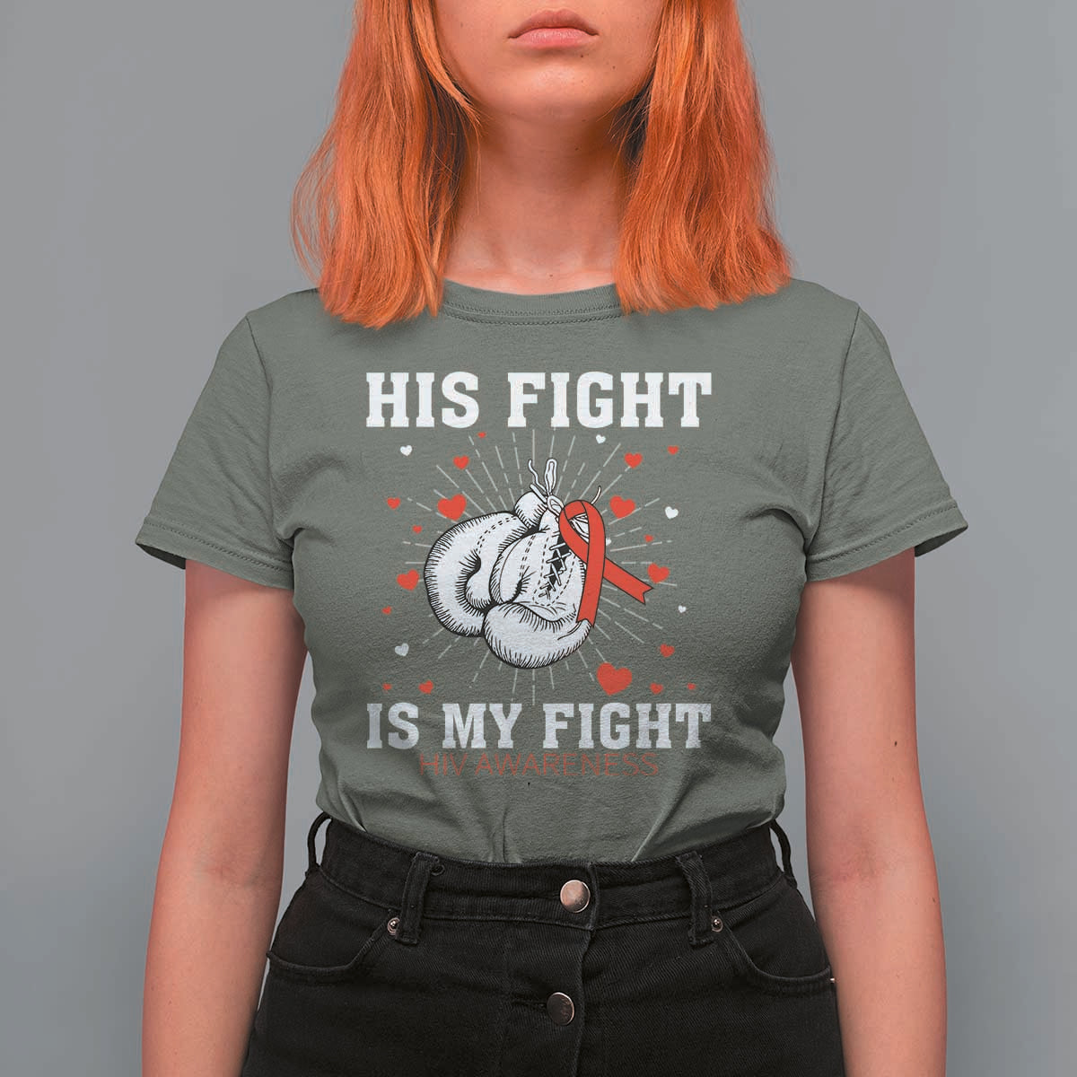 His Fight Is My Fight HIV Warrior T Shirt For Women Red Ribbon Boxing Gift - Wonder Print Shop