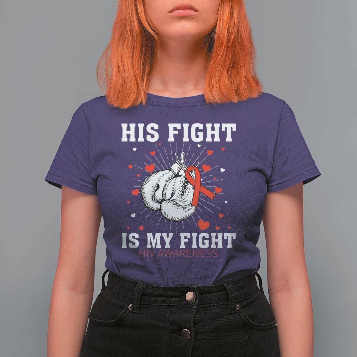 His Fight Is My Fight HIV Warrior T Shirt For Women Red Ribbon Boxing Gift - Wonder Print Shop