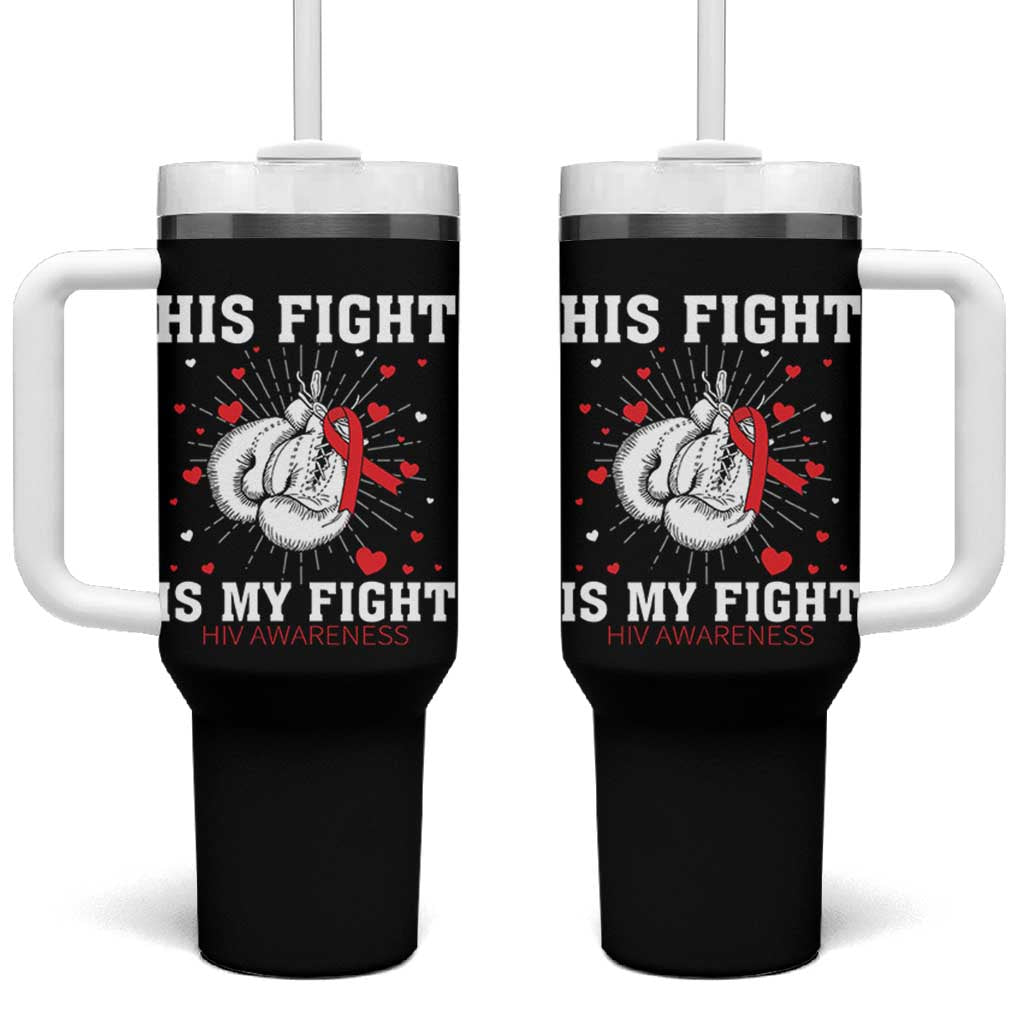 His Fight Is My Fight HIV Warrior Tumbler With Handle Red Ribbon Boxing Gift - Wonder Print Shop