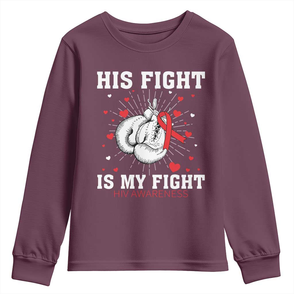 His Fight Is My Fight HIV Warrior Youth Sweatshirt Red Ribbon Boxing Gift - Wonder Print Shop