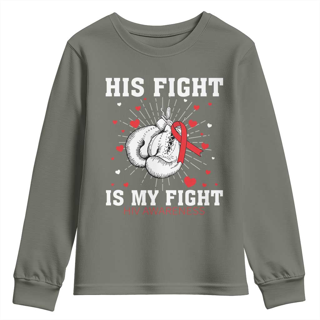 His Fight Is My Fight HIV Warrior Youth Sweatshirt Red Ribbon Boxing Gift - Wonder Print Shop