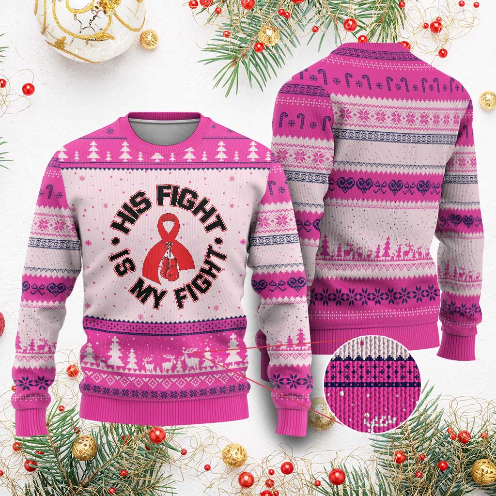 HIV Warrior His Fight Is My Fight Ugly Christmas Sweater Red Ribbon Boxing Gift - Wonder Print Shop