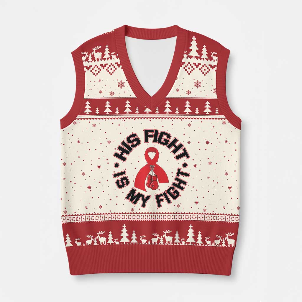 HIV Warrior His Fight Is My Fight V-Neck Knit Sweater Vest Red Ribbon Boxing Gift - Wonder Print Shop