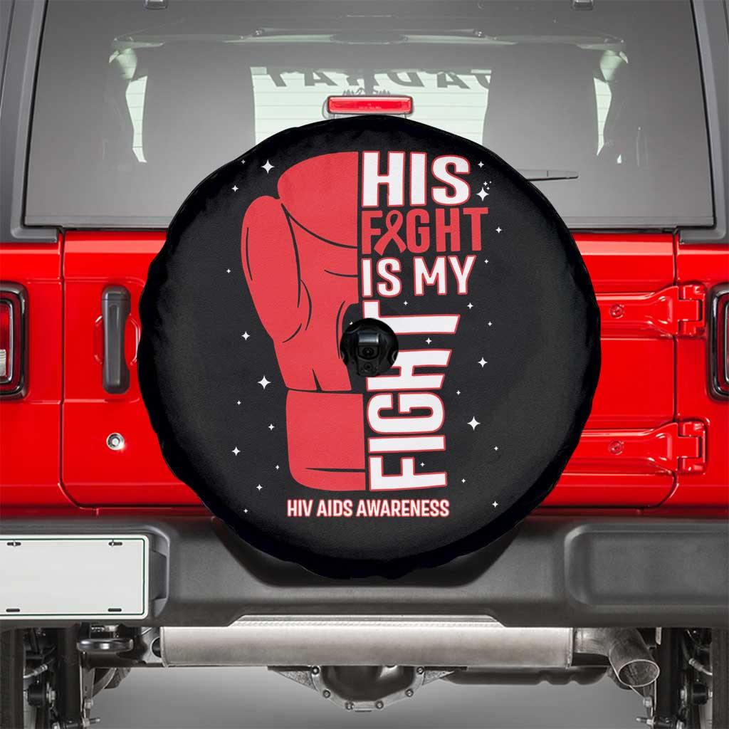 His Fight Is My Fight Spare Tire Cover Red Ribbon HIV Awareness Boxing Gift - Wonder Print Shop