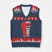 His Fight Is My Fight V-Neck Knit Sweater Vest Red Ribbon HIV Awareness Boxing Gift - Wonder Print Shop
