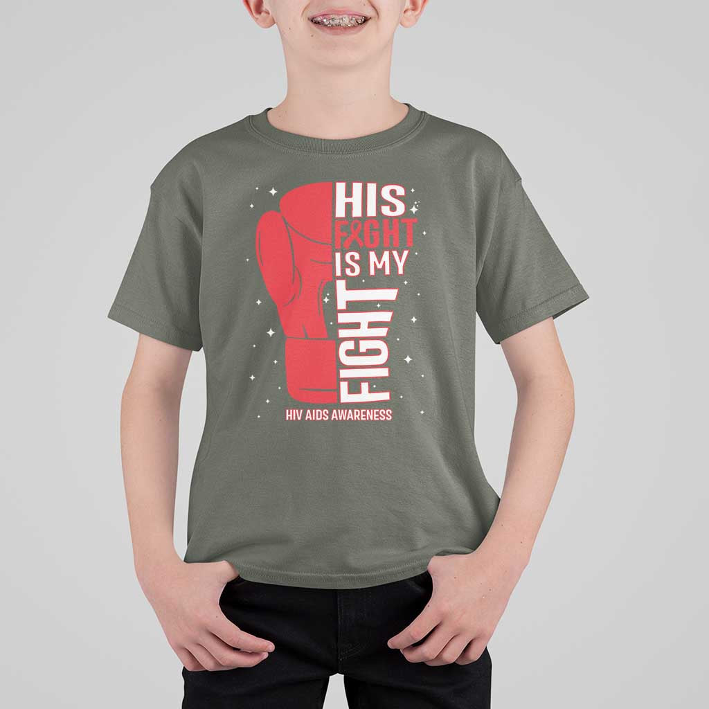 His Fight Is My Fight T Shirt For Kid Red Ribbon HIV Awareness Boxing Gift - Wonder Print Shop