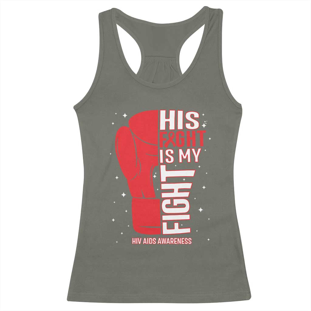 His Fight Is My Fight Racerback Tank Top Red Ribbon HIV Awareness Boxing Gift - Wonder Print Shop