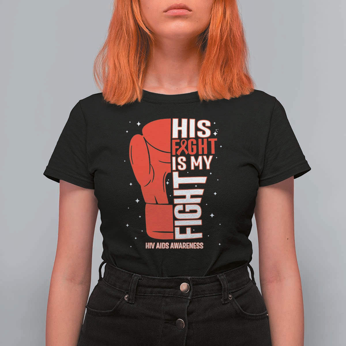 His Fight Is My Fight T Shirt For Women Red Ribbon HIV Awareness Boxing Gift - Wonder Print Shop