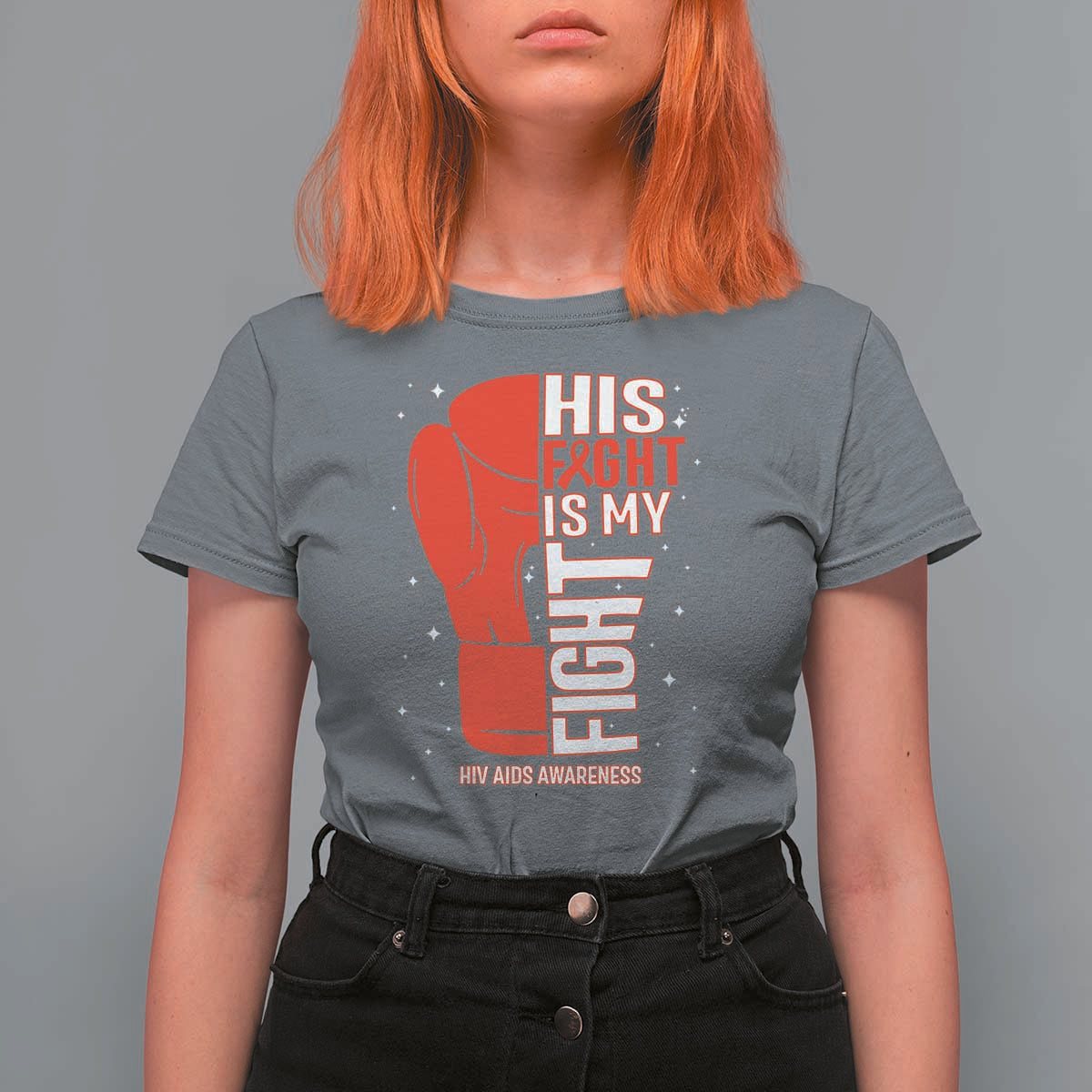 His Fight Is My Fight T Shirt For Women Red Ribbon HIV Awareness Boxing Gift - Wonder Print Shop