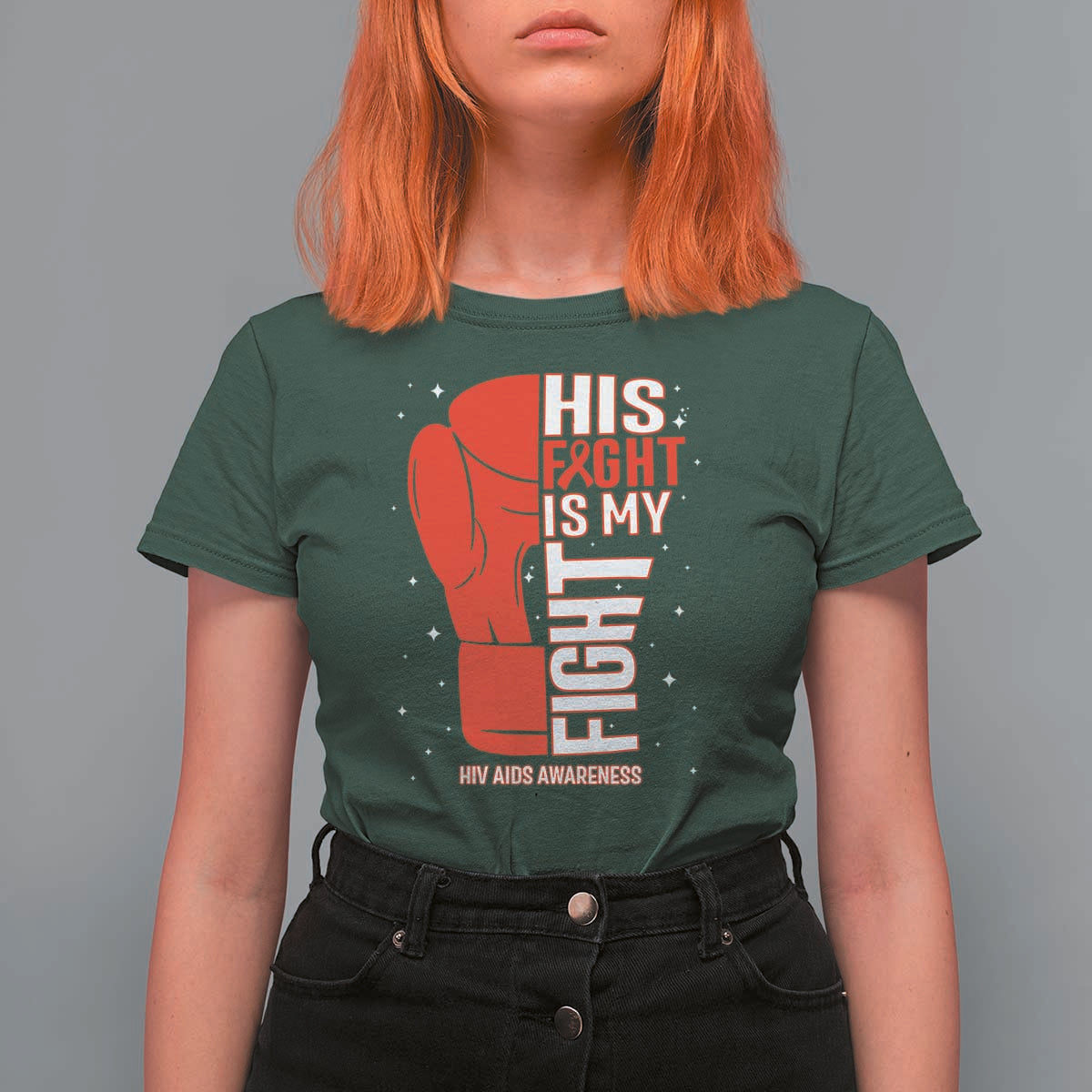 His Fight Is My Fight T Shirt For Women Red Ribbon HIV Awareness Boxing Gift - Wonder Print Shop