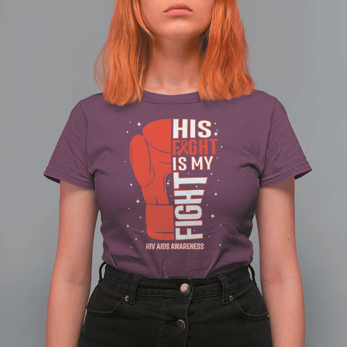 His Fight Is My Fight T Shirt For Women Red Ribbon HIV Awareness Boxing Gift - Wonder Print Shop