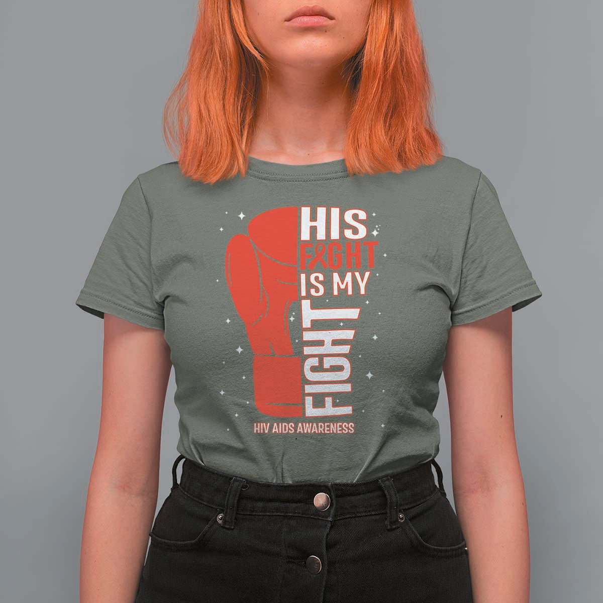 His Fight Is My Fight T Shirt For Women Red Ribbon HIV Awareness Boxing Gift - Wonder Print Shop
