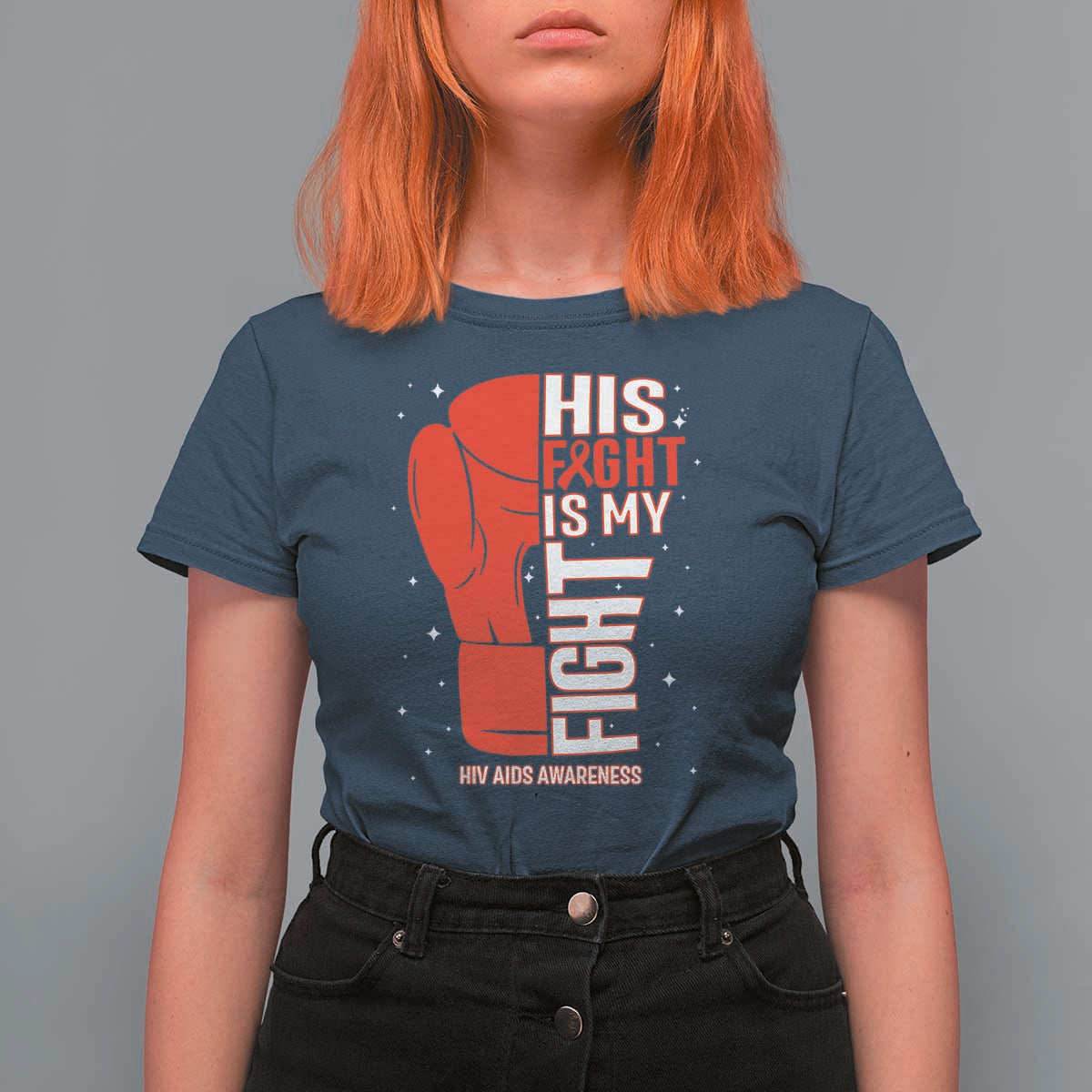 His Fight Is My Fight T Shirt For Women Red Ribbon HIV Awareness Boxing Gift - Wonder Print Shop