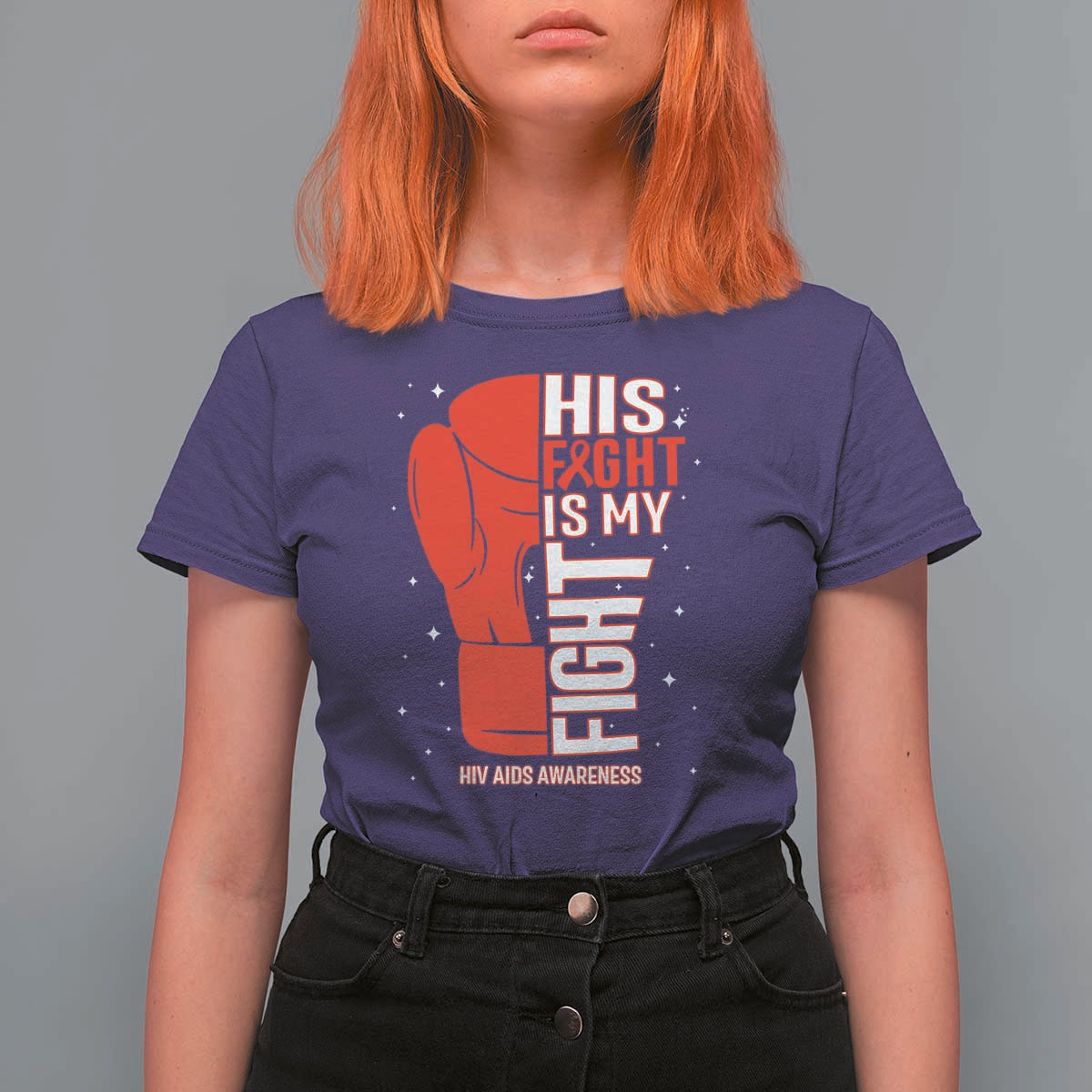 His Fight Is My Fight T Shirt For Women Red Ribbon HIV Awareness Boxing Gift - Wonder Print Shop