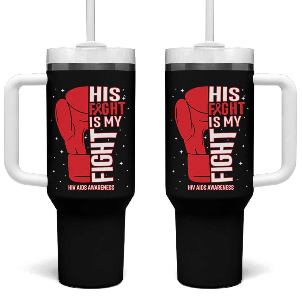His Fight Is My Fight Tumbler With Handle Red Ribbon HIV Awareness Boxing Gift - Wonder Print Shop