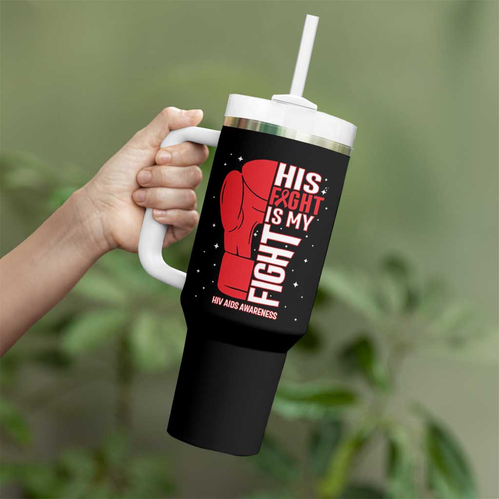 His Fight Is My Fight Tumbler With Handle Red Ribbon HIV Awareness Boxing Gift - Wonder Print Shop